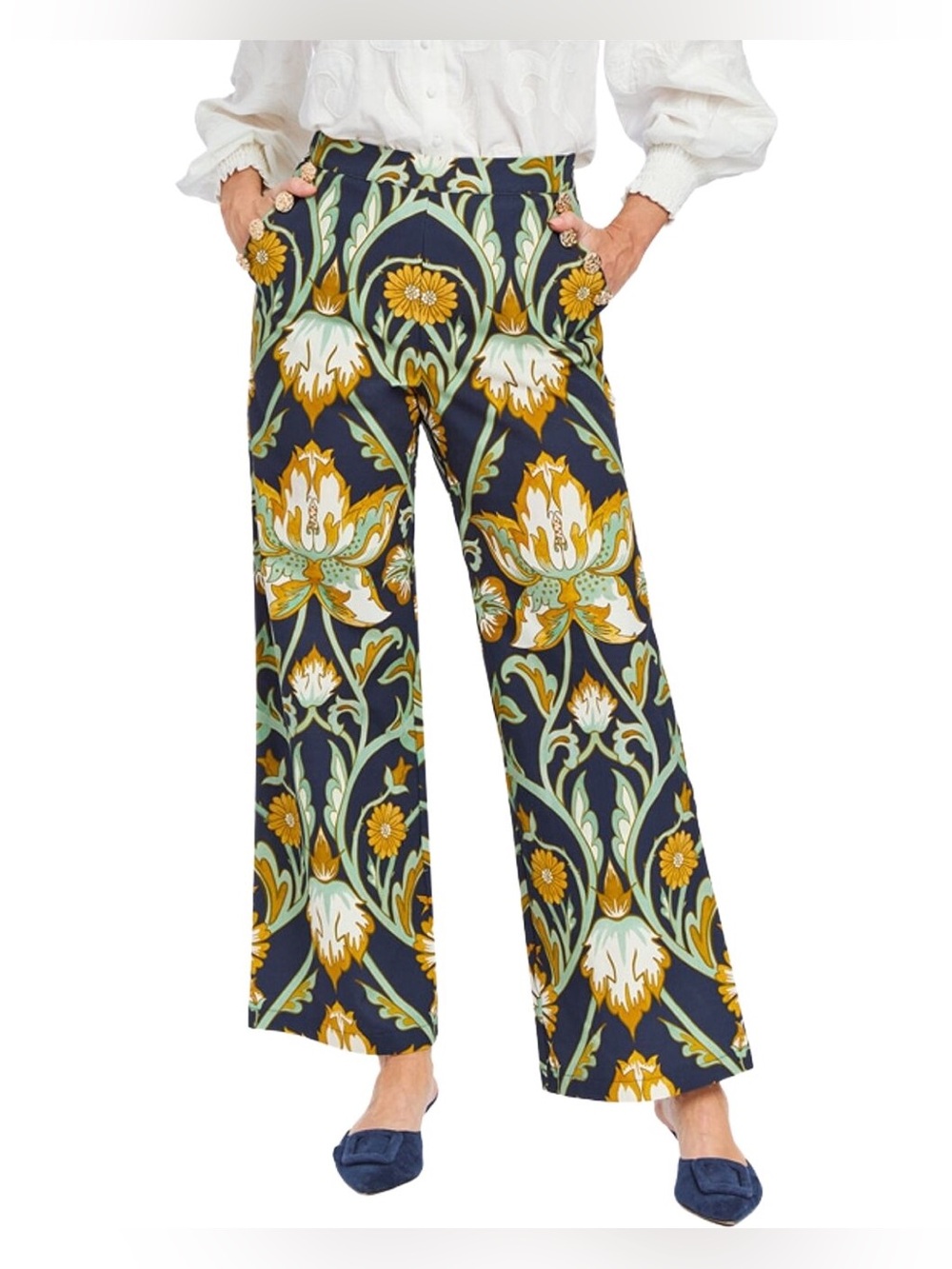 Mestiza New York Wide-Leg Floral Print Pants in Navy and Mustard